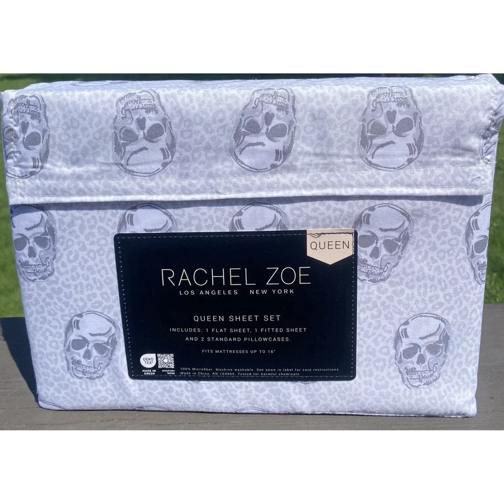 New Rachel Zoe Halloween Queen Sheet Set Skulls Leopard Cheetah Print Fast Ship